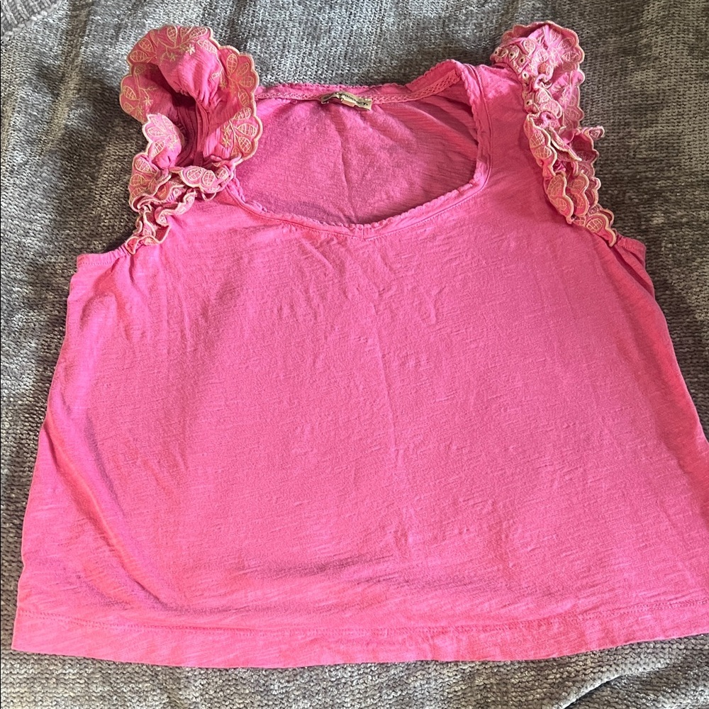 Democracy Pink and Cream Lace Ruffle Embroidery Tank Top L